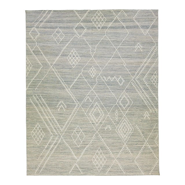 Gray Apadana's Nantucket Collection Flatweave Kilim Coastal Designed Wool Rug For Sale