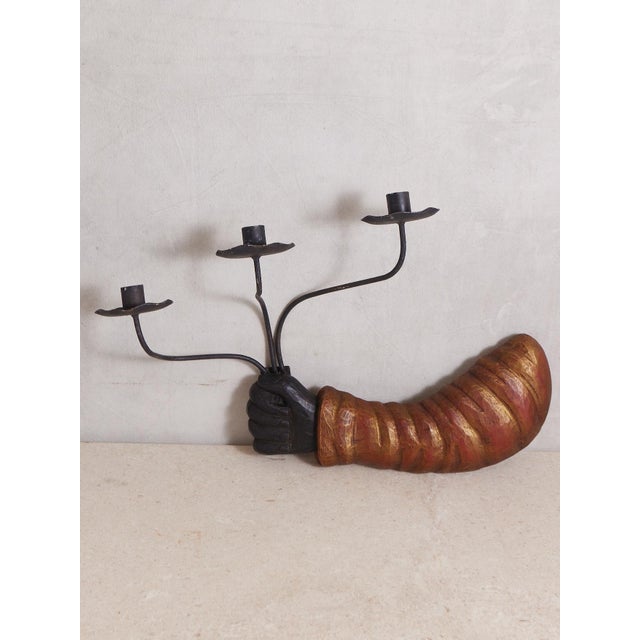 Brick Red Wood Carved Hand Candelabra For Sale - Image 8 of 12