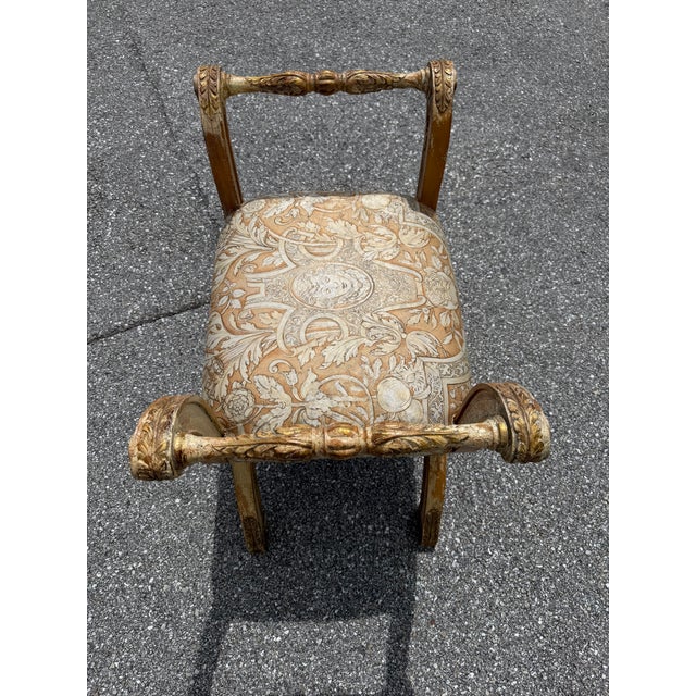 Mid 20th Century Italian Distressed Carved-Wood Curule Stool W/ Versace Pattern Seat Cushion For Sale In West Palm - Image 6 of 15