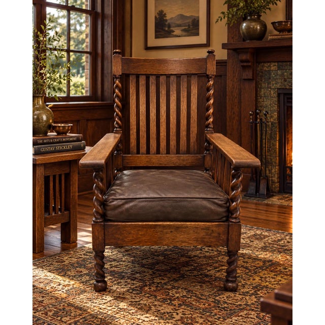 Antique Arts & Crafts, Original Stickley Brothers, Oak, Slat Back, Very Rare Barley Twist Stiles & Legs Lounge Chair. Labeled and Stamped For Sale In New York - Image 6 of 10