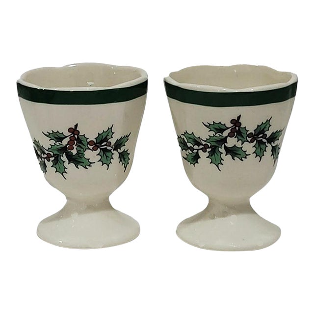 Spode Christmas Tree Pattern Holly & Berries Egg Cups England - A Pair For Sale