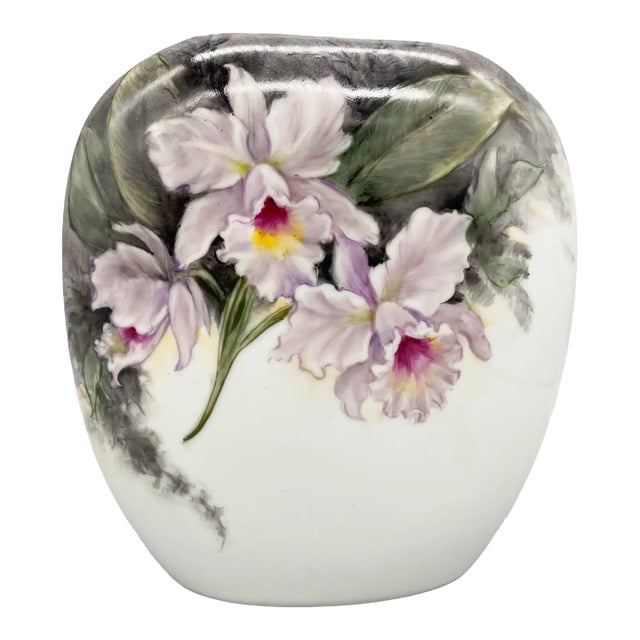 Mid-20th Century Hand-Painted Orchid Porcelain Vase Signed "Sager" For Sale