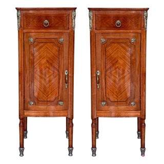 Early 20th Century Pair of HighTall Narrow French Marquetry Nightstands with drawer and door in Burl Oak For Sale