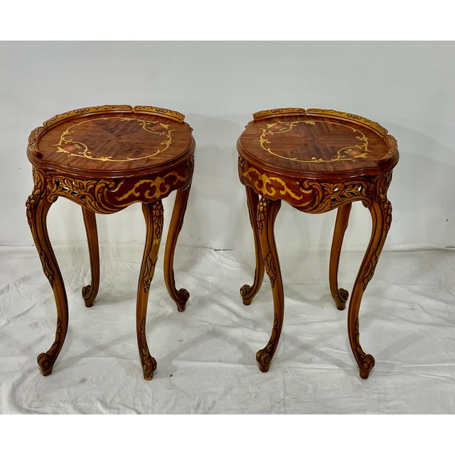 French Provincial Pair of Vintage French Inlayed Carved Walnut Side Tables – 1930s For Sale - Image 3 of 10