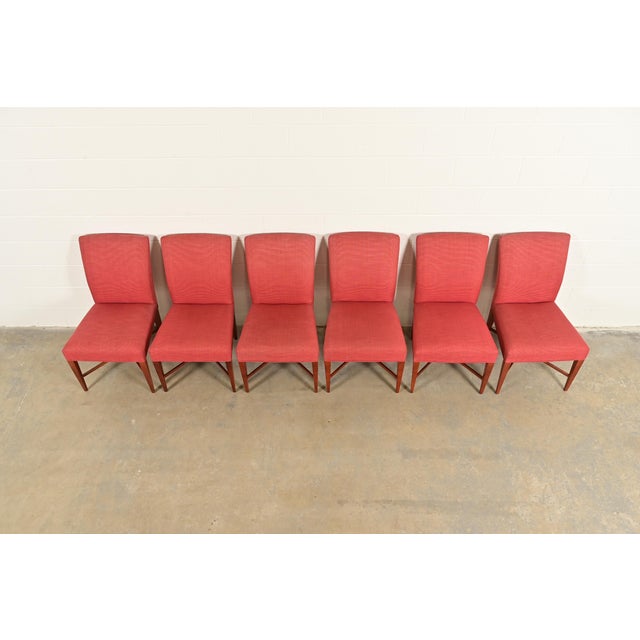 Late 20th Century Baker Furniture Modern Regency Sycamore Wood Upholstered X-Base Dining Chairs, Set of Six For Sale - Image 5 of 14