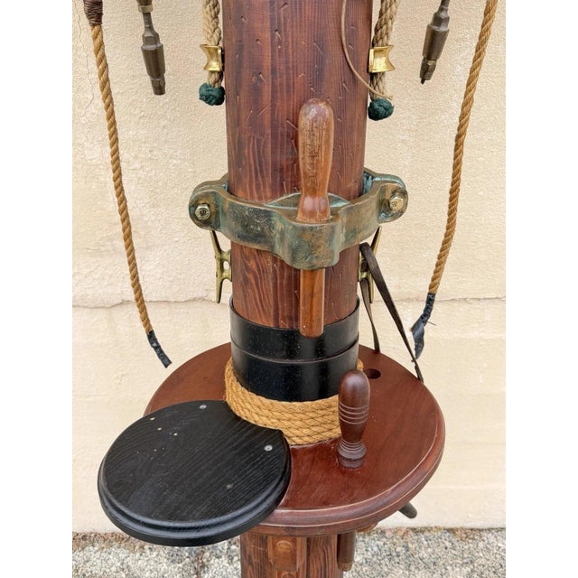 Vintage Custom Nautical Wood 95" Ship Mast Mancave Bar Island W Pulley & Ropes For Sale - Image 9 of 18