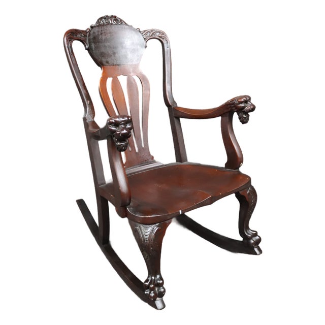Antique Horner Style Mahogany Carved Lion Arm Rocking Chair For Sale