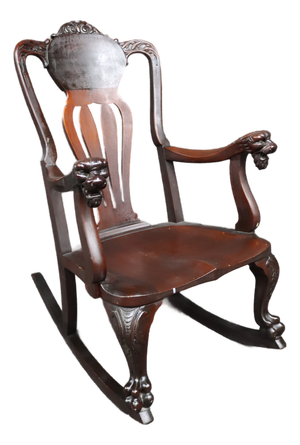 Antique Horner Style Mahogany Carved Lion Arm Rocking Chair