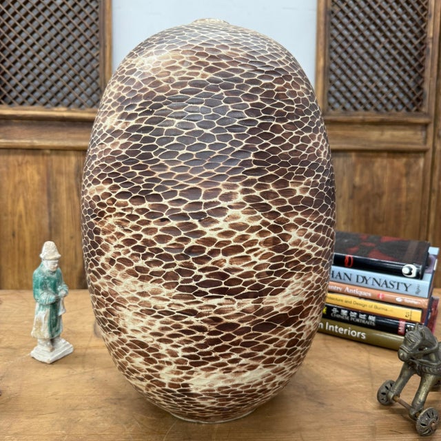 Ceramic Large Round Ceramic Vase with Brown & Cream Snakeskin Design For Sale - Image 7 of 11