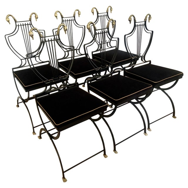 Maison Jansen Brass Swan and Black Lyre Back Folding Chairs with Claw feet - Set of 6 For Sale - Image 13 of 13