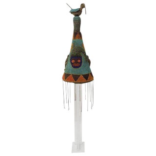 Yoruba Beaded Headdress Crown, Antique Art on Lucite Stand For Sale