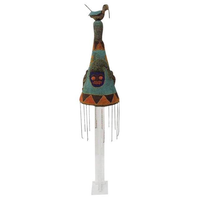 Yoruba Beaded Headdress Crown, Antique Art on Lucite Stand For Sale