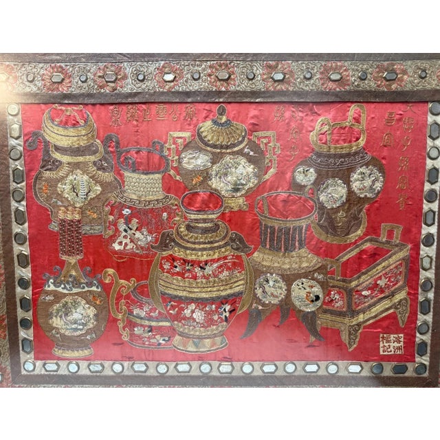 This antique Qing dynasty Chinese altar table banner embroidery from the mid 19th century showcases some of the most...