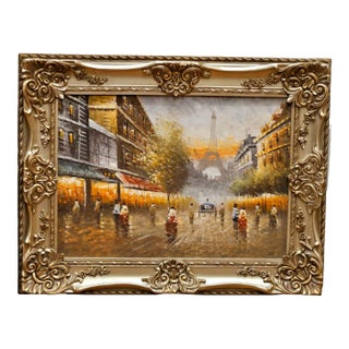 Paris Street Scene Artwork on Cotton Fabric – Eiffel Tower Cityscape For Sale