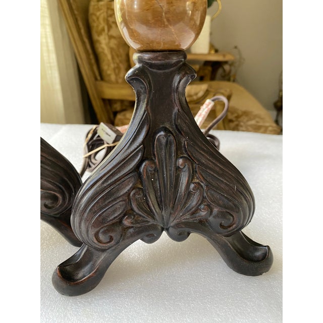 Metal Vintage Pair of Ornate Table Lamps With Polished Natural Stone Spheres, Dark Bronze & Brass Finish, Traditional European Style For Sale - Image 7 of 10