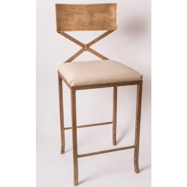 Iron Barstool in an Aged Gold Finish With Faux Ostrich Seat For Sale - Image 4 of 4