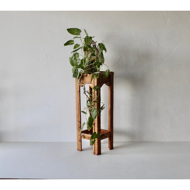 Vintage Scorched "Tortoise Shell" Style Bamboo Wicker Plant Stand Mid-Century For Sale - Image 13 of 13