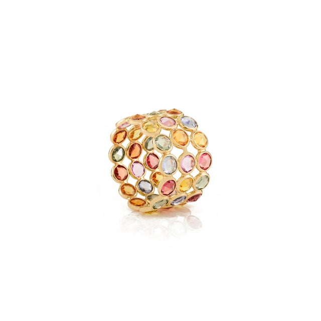 Modern 14k Gold Triple Layer Rainbow Multi Sapphire Eternity Ring Size 5.5 For Sale - Image 3 of 10