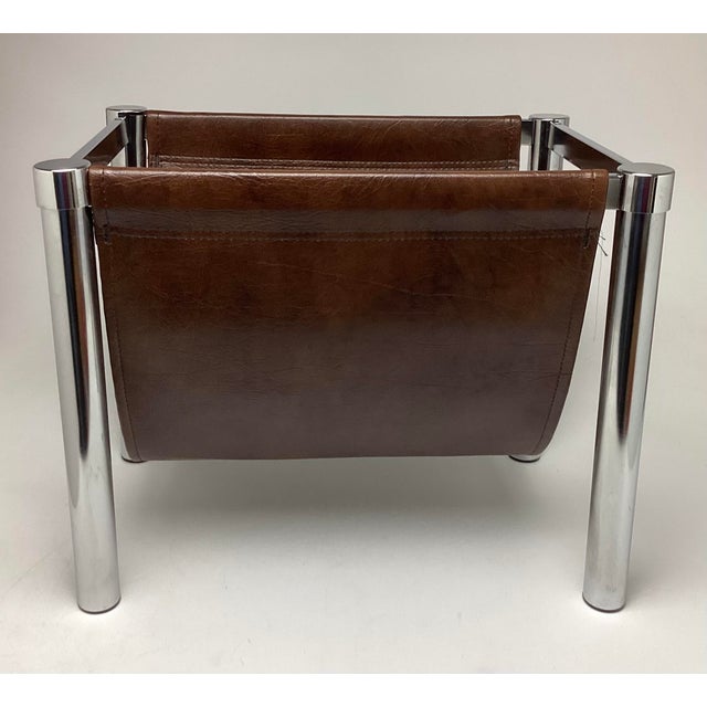 Mid-Century Modern Vintage Mid Century Modern Chrome and Brown Vinyl Magazine Rack. C 1970s For Sale - Image 3 of 5