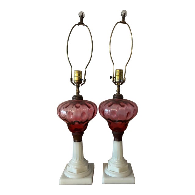 Pair of 19th Century Milk Glass Base Electrified Oil Lamps For Sale