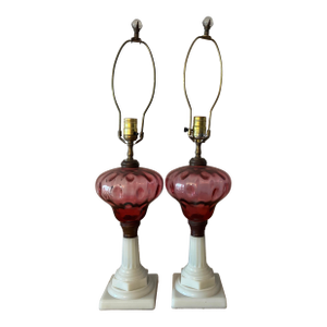 Pair of 19th Century Milk Glass Base Electrified Oil Lamps