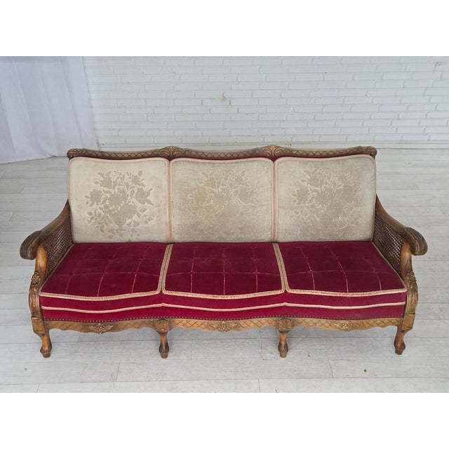 Mid-Century Modern Danish 3-Seater Sofa in Red Velour and Mesh, 1930s For Sale - Image 3 of 18