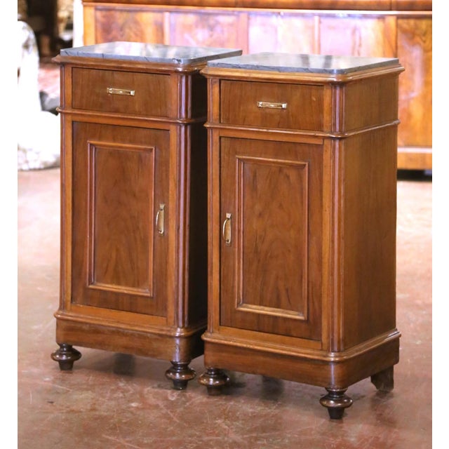 Pair of 19th Century French Louis Philippe Walnut Marble-Top Bedside Cabinets For Sale In Dallas - Image 6 of 9