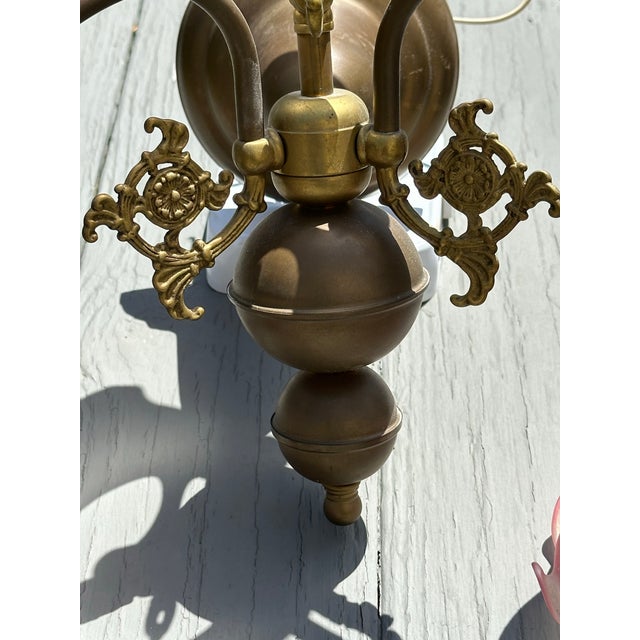 Vintage 3 Light Brass Wall Sconce With Vianne Gas/Electric Shades For Sale - Image 9 of 12