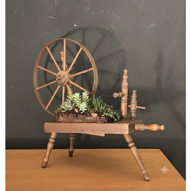 Vintage Decorative Tabletop Wooden Spinning Wheel Planter For Sale - Image 11 of 12