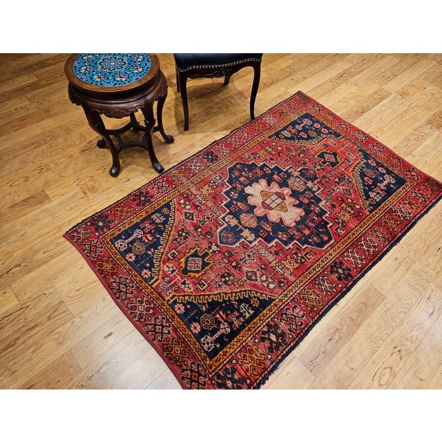 Vintage Persian Malayer Area Rug, Hand-Knotted Wool, Geometric Tribal Pattern, 4x6, Red & Blue For Sale - Image 16 of 16