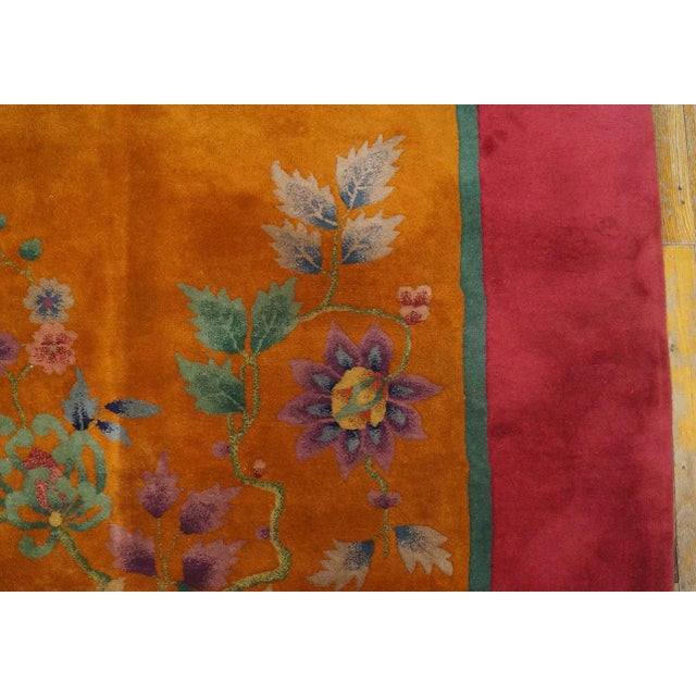 1920s Burnt Orange Floral Antique Chinese Art Deco Carpet 8'8'' X 11'4'' Knotted Pile Wool Rug For Sale - Image 9 of 12