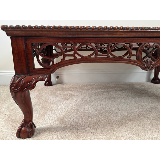 1980s Maitland-Smith Cocktail Table: Tooled Leather, Carved Fretwork, Ball & Claw Feet For Sale - Image 6 of 12