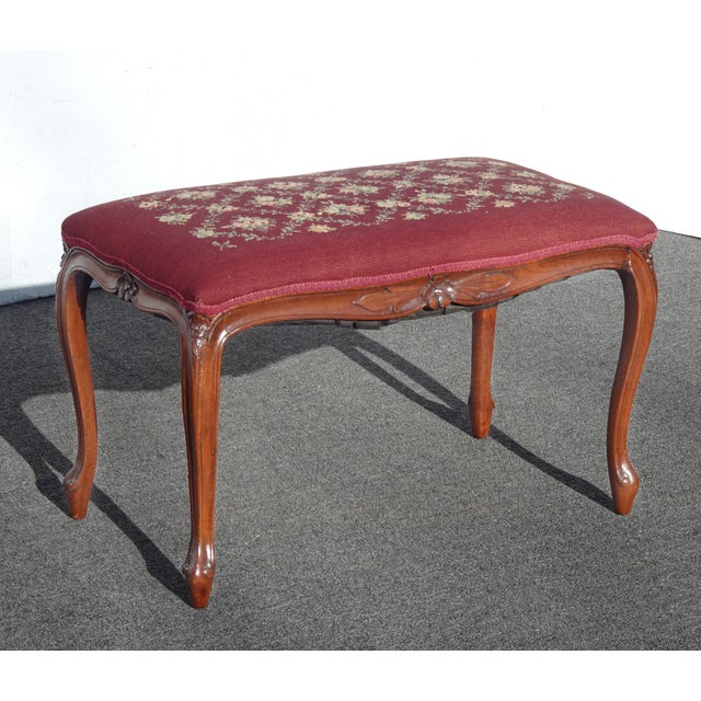 French Provincial Vintage French Provincial Burgundy Needlepoint Tapestry Bench W Floral Design For Sale - Image 3 of 13
