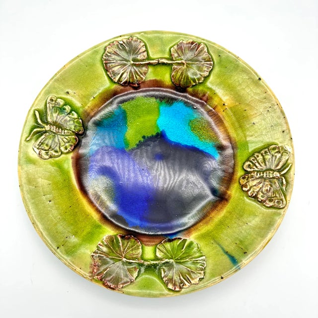 Shabby Chic Early 21st Century Studio Pottery Butterflies & Leaves Majolica Decorative Plate Green & Blue For Sale - Image 3 of 8