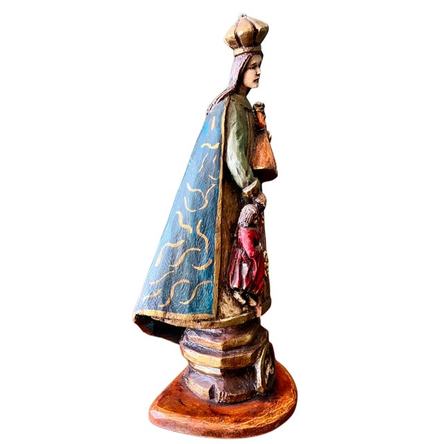 Antique Religious Folk Art - Carved Wooden Spanish Colonial Santos Figure of the Madonna and Child For Sale - Image 9 of 18