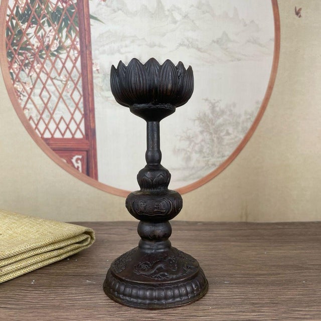 Pair of Bronze Lotus Candlesticks – 5.9" Buddhist Altar Candle Holders With Dragon Base For Sale - Image 11 of 11