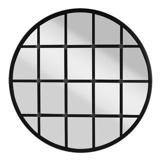 Round Metal Grid Mirror in Matte Black For Sale
