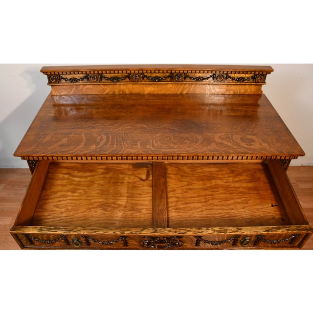 1900 Antique English Renaissance Revival Tiger Oak Carved Server / Buffet For Sale - Image 14 of 17