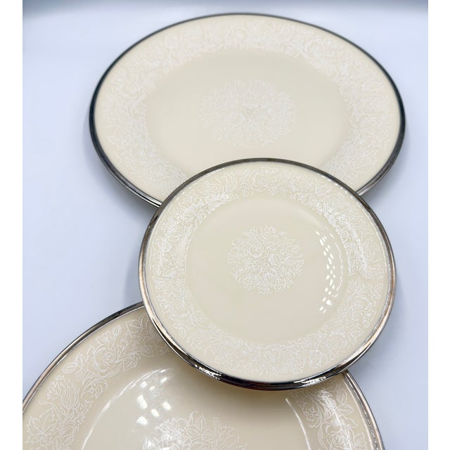 White 1990s Lenox Moonspun China Platinum Trim Dinner, Salad, Bread 3pc Plate Set For Sale - Image 8 of 10