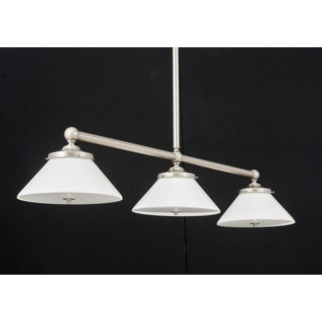 Modern Billiard Table Light, with three holophane shades. 41.5" H x 57" W x 15" D. Provenance: Ann-Morris Antiques, New...