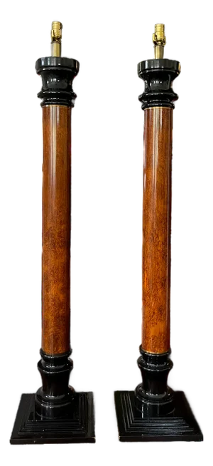 1990s Monumental Neoclassical Style Column Floor Lamps – Wood With Black Lacquered Base and Capitals - A Pair Accents