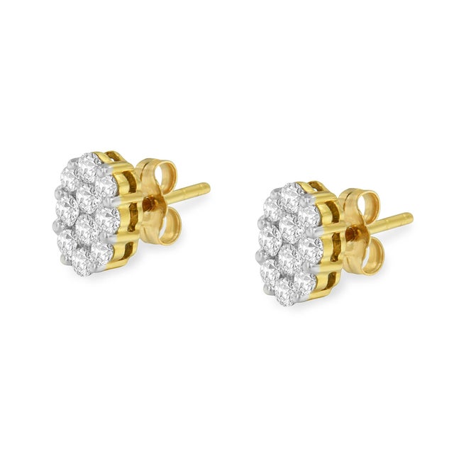 Haus of Brilliance 18K Yellow Gold 1.00 Diamond Oval Shaped Composite Cluster Stud Earrings (H-I Color, I1-I2 Clarity) For Sale - Image 4 of 6
