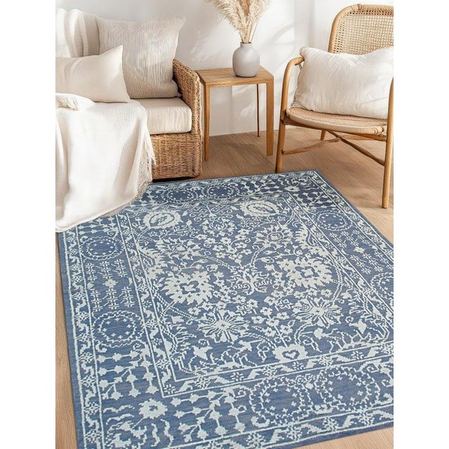 8x10 Blue Hand-Knotted Wool Bamboo Silk Framed Floral Garden Geometric Carpet For Sale In New York - Image 6 of 13