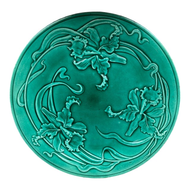 19th Century Green Majolica Orchid Plate Saint Clement For Sale
