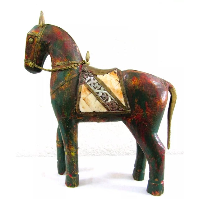Brown 1950s Vintage Pair of Tall Solid Wood Carved Horse Sculptures With Copper and Brass Accents For Sale - Image 8 of 12