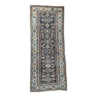 Caucasian Bijov Design Wool Runner with Navy, Aubergine, Teals 4.1 x 9.9 For Sale