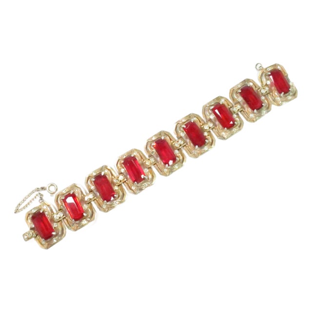 Vintage Gilded Ruby Glass Link Bracelet 1940s For Sale