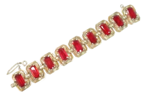 Vintage Gilded Ruby Glass Link Bracelet 1940s