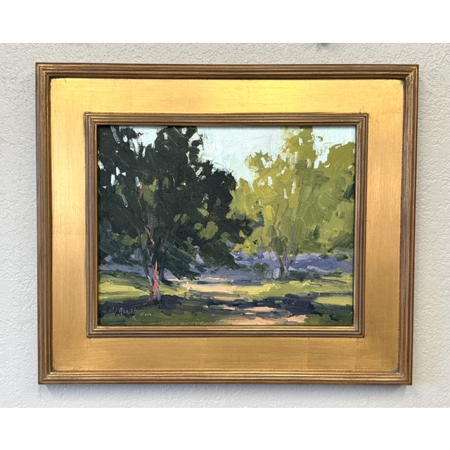 Original French plein air oil painting on board newly framed in a gilded wood frame. Bold impressionistic brushwork and...