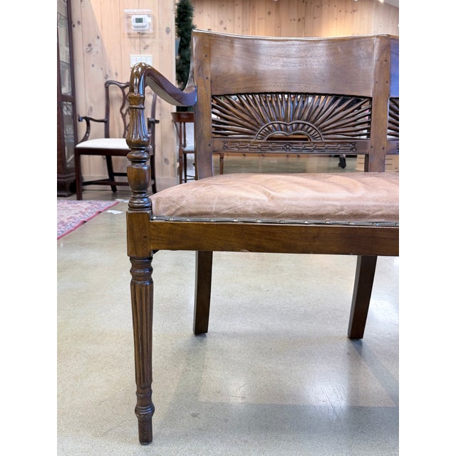 1940s Mahogany Sunburst Carved Leather Settee For Sale - Image 4 of 9